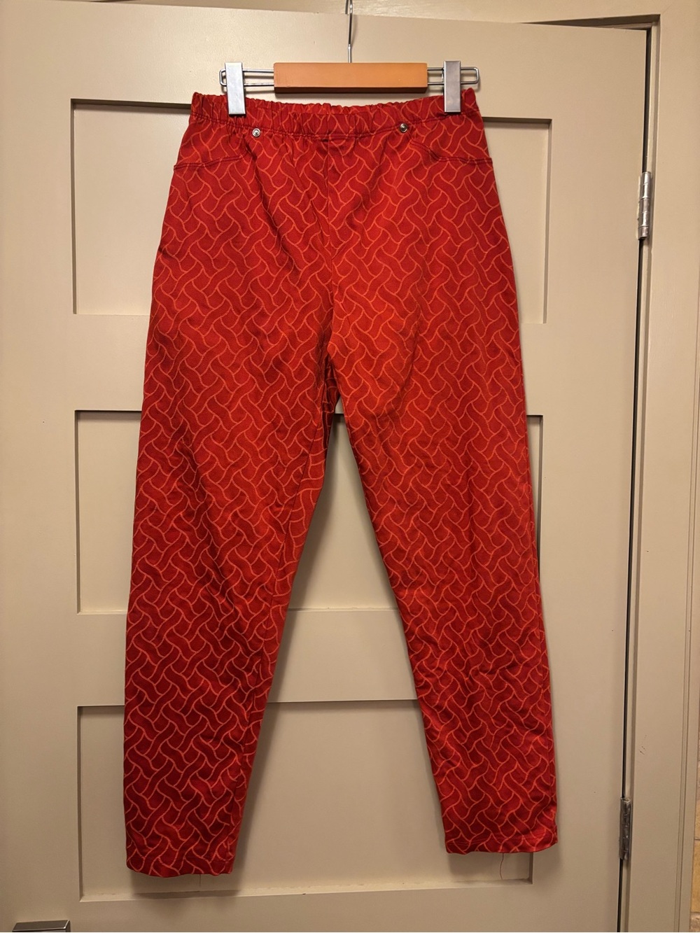 VINTAGE Italian Cotton Print Pant 90s Pull On Slim Taper Trouser Orange Coral